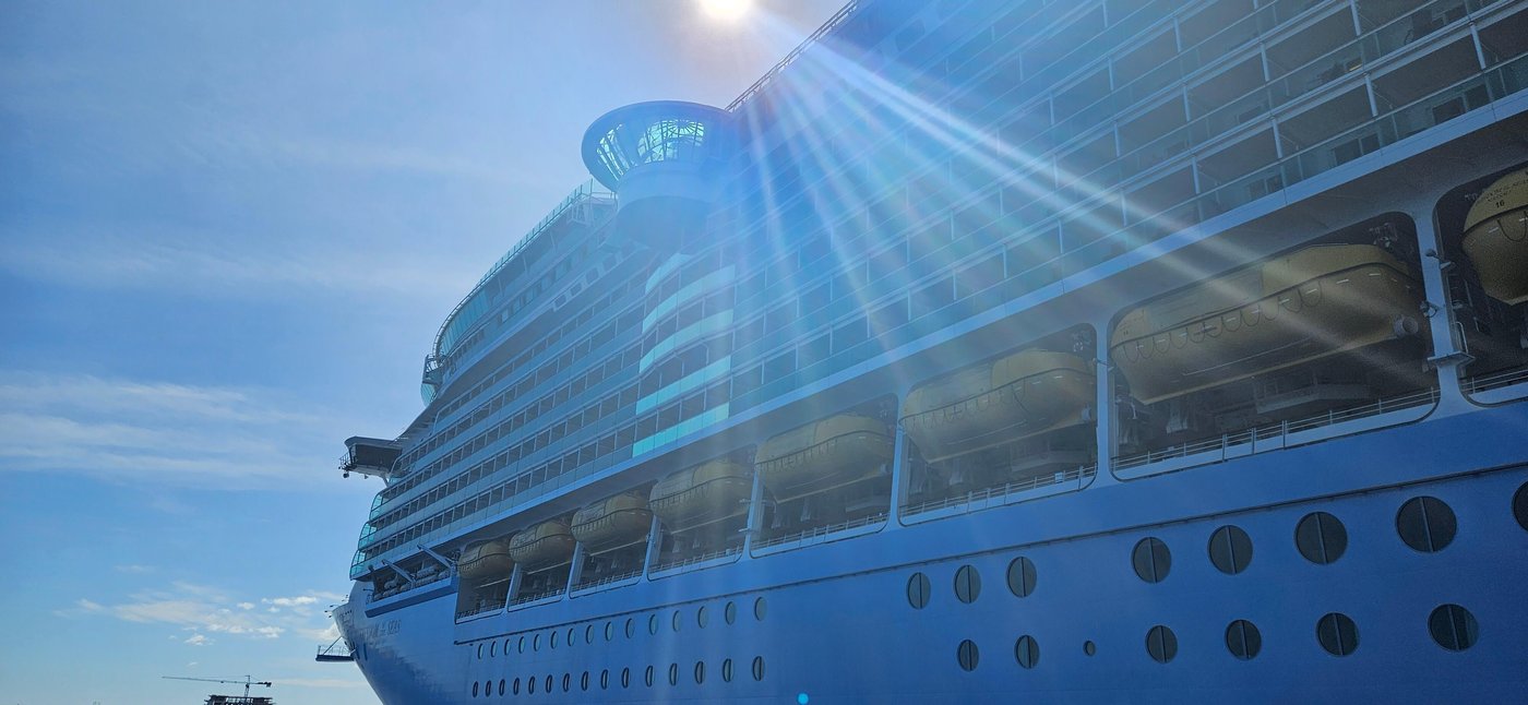 Cruise ship close-up in golden sunlight