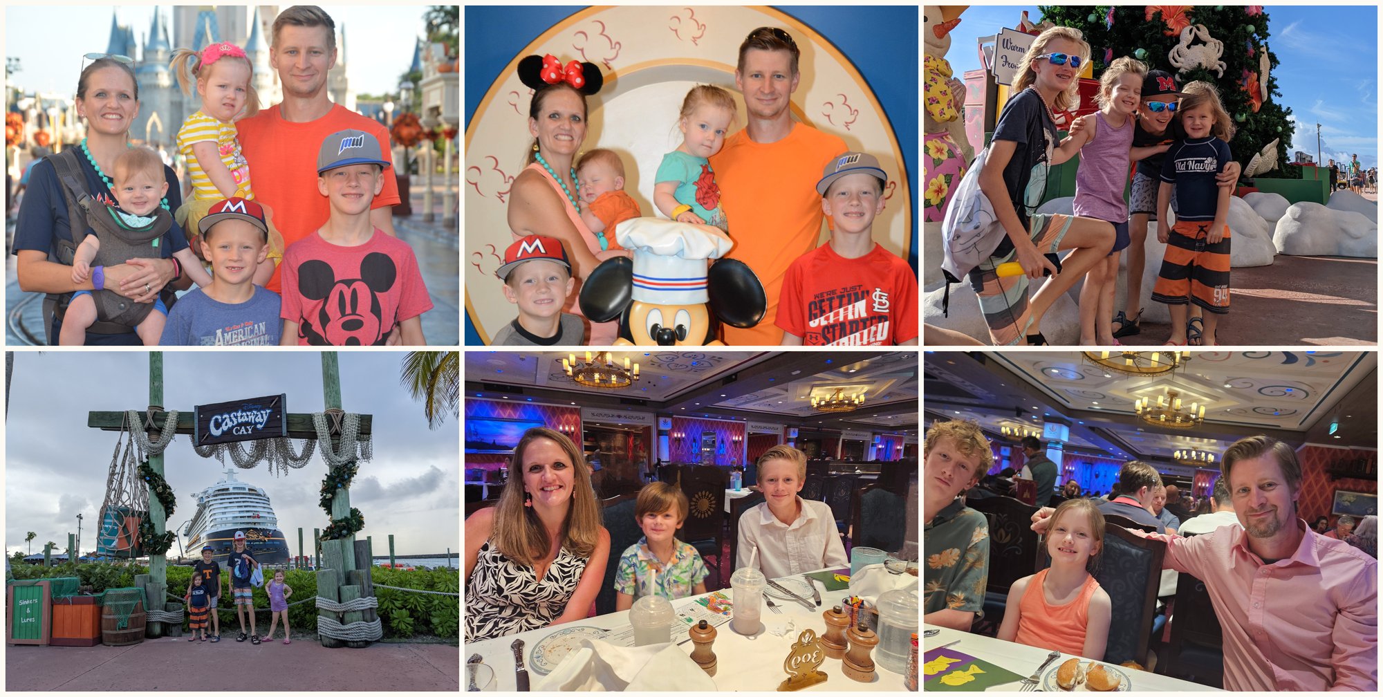 A collage of Newman family Disney memories — Magic Kingdom, Disney Cruise dinners, Castaway Cay — kids growing up with Disney over the years